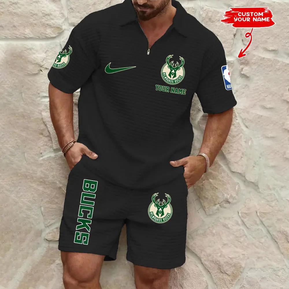 Milwaukee Bucks Men’s Waffle Pattern Half Zipper Shirt And Shorts AZBT2DWSS000125