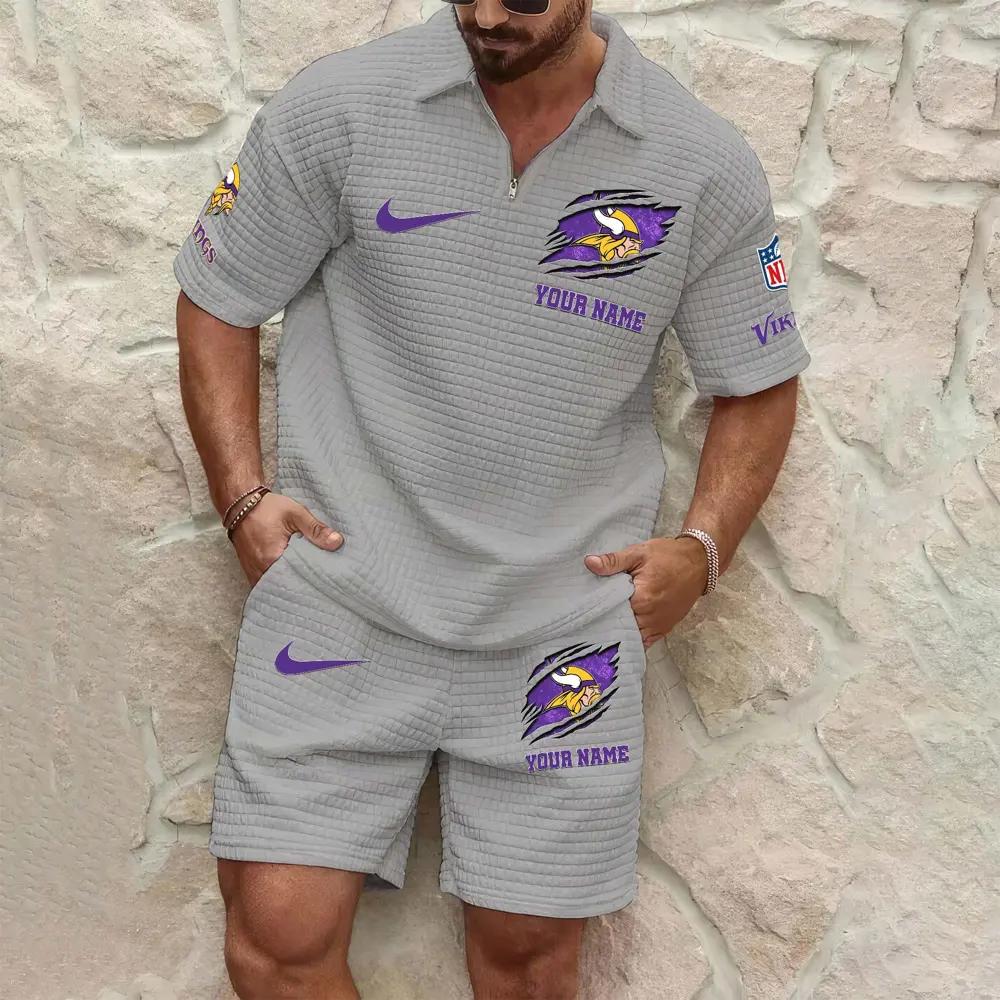 Minnesota Vikings Men’s Waffle Pattern Half Zipper Shirt And Shorts AZBT2DWSS000127