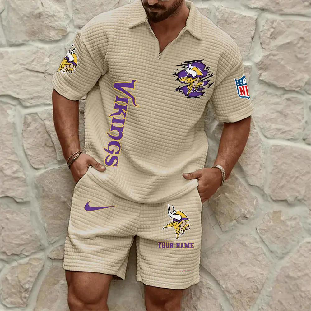 Minnesota Vikings Men’s Waffle Pattern Half Zipper Shirt And Shorts AZBT2DWSS000130