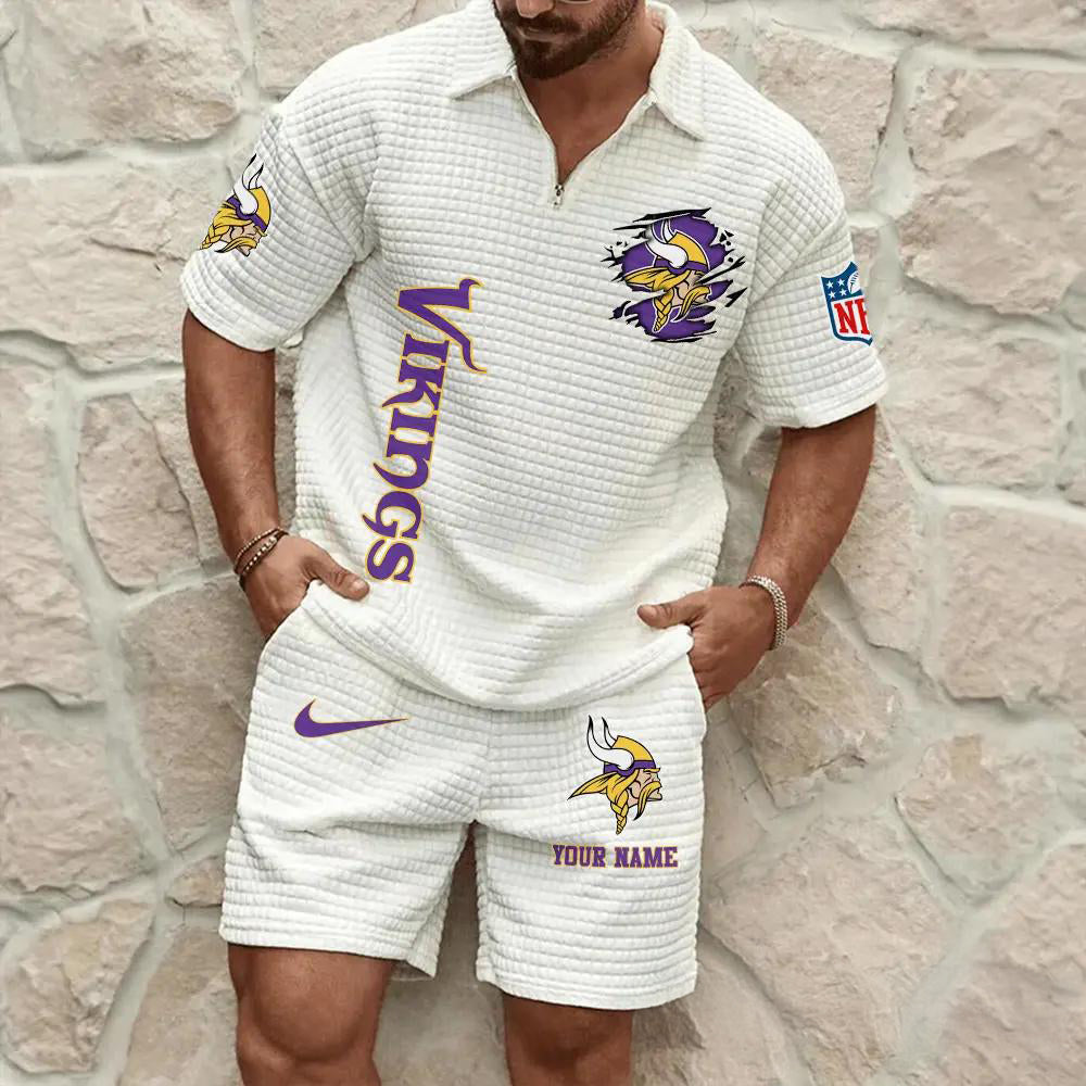 Minnesota Vikings Men’s Waffle Pattern Half Zipper Shirt And Shorts AZBT2DWSS000130