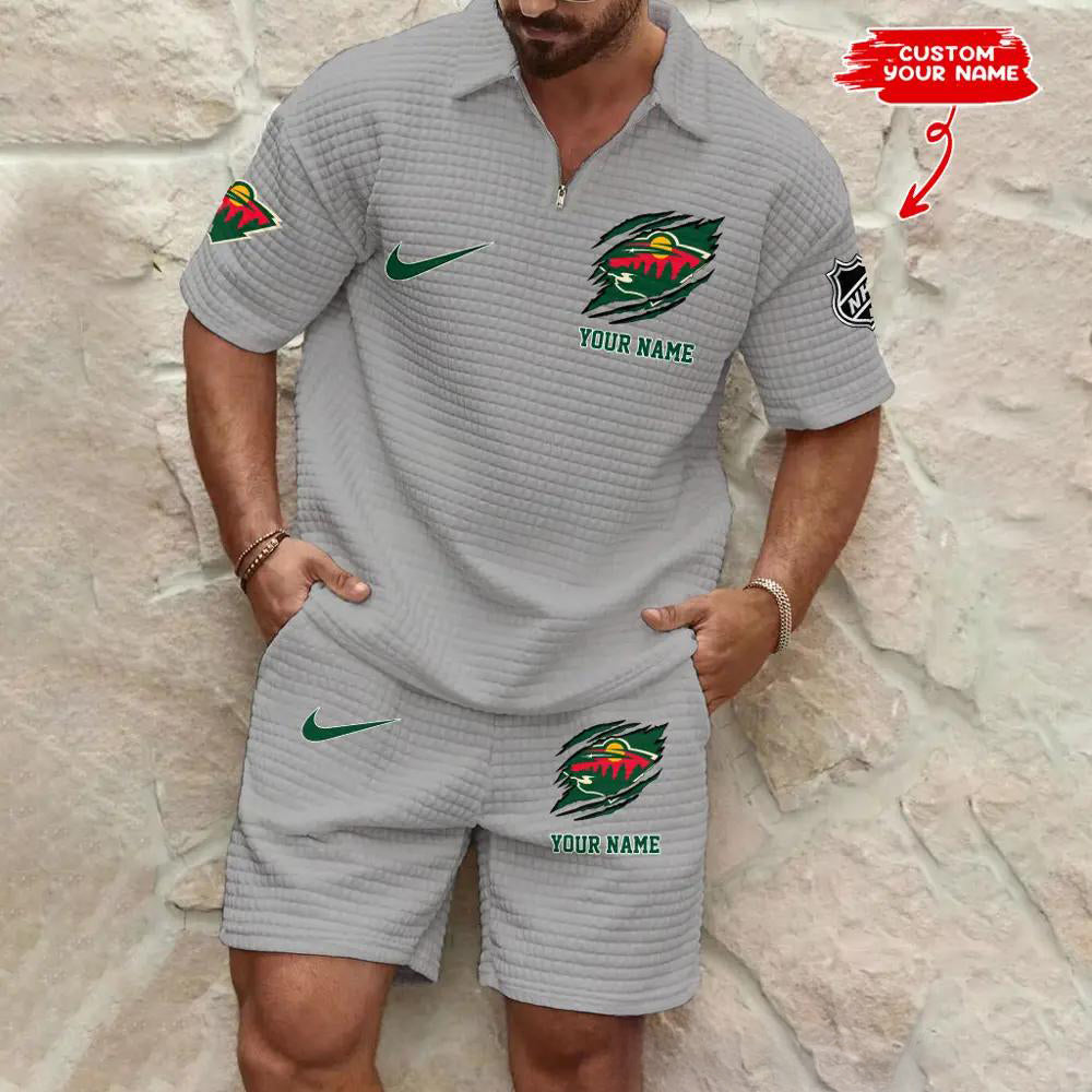 Minnesota Wild Men’s Waffle Pattern Half Zipper Shirt And Shorts AZBT2DWSS000131