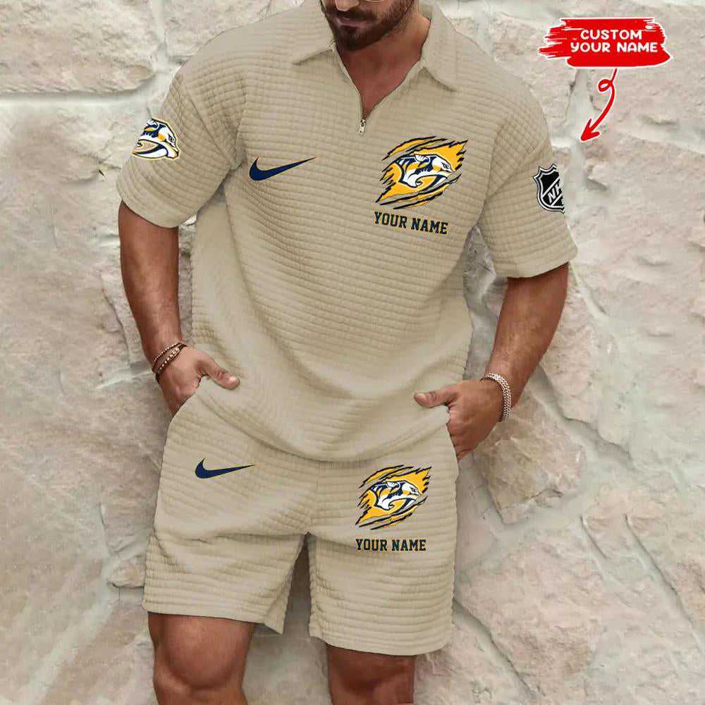 Nashville Predators Men’s Waffle Pattern Half Zipper Shirt And Shorts AZBT2DWSS000132