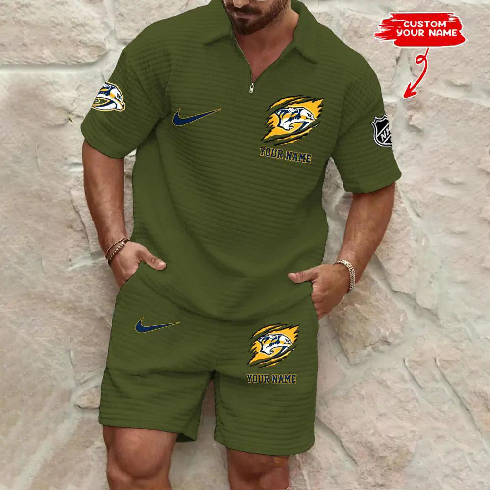 Nashville Predators Men’s Waffle Pattern Half Zipper Shirt And Shorts AZBT2DWSS000132