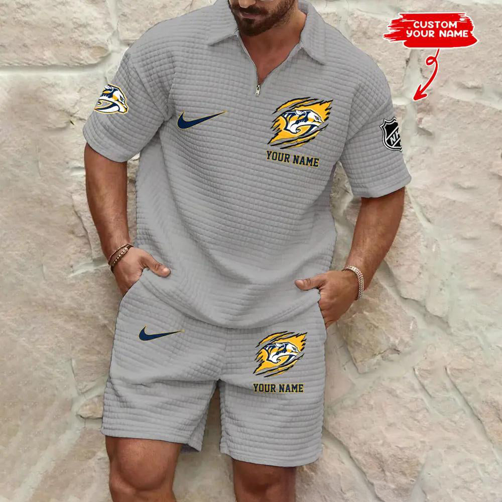 Nashville Predators Men’s Waffle Pattern Half Zipper Shirt And Shorts AZBT2DWSS000132