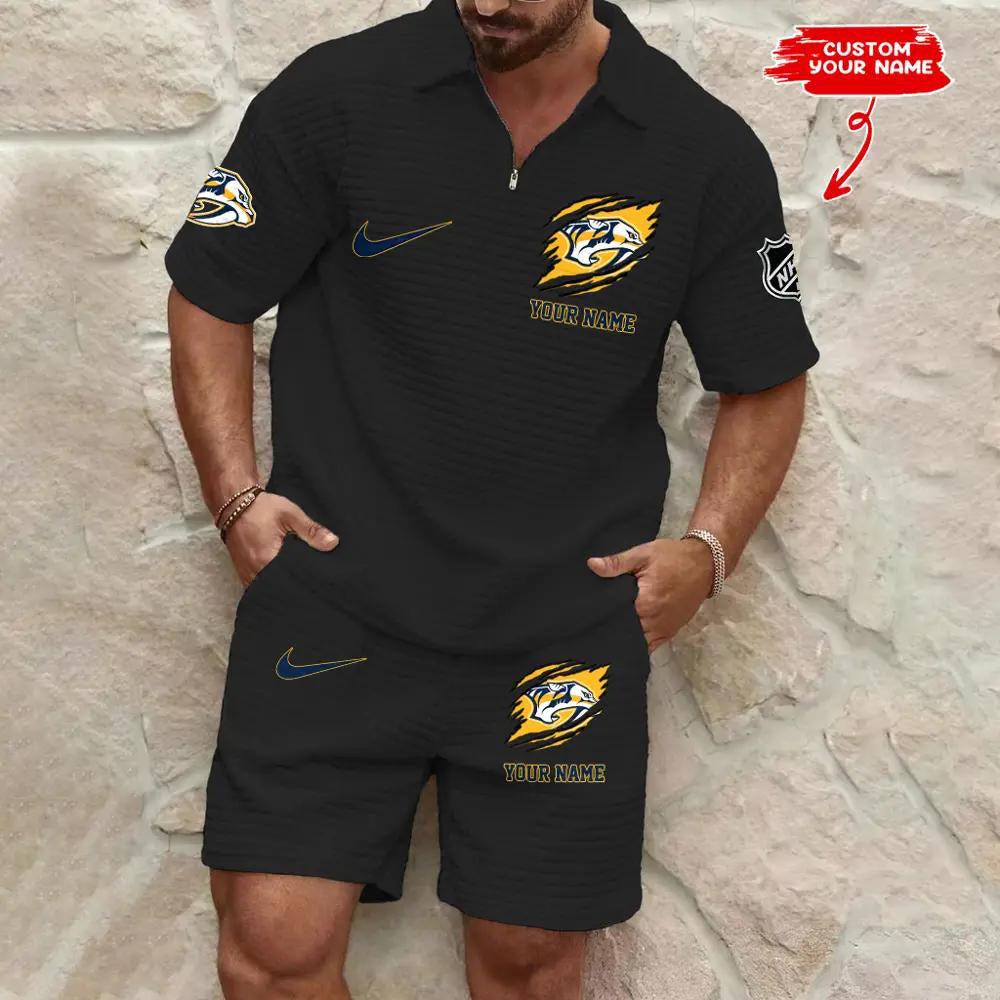 Nashville Predators Men’s Waffle Pattern Half Zipper Shirt And Shorts AZBT2DWSS000132