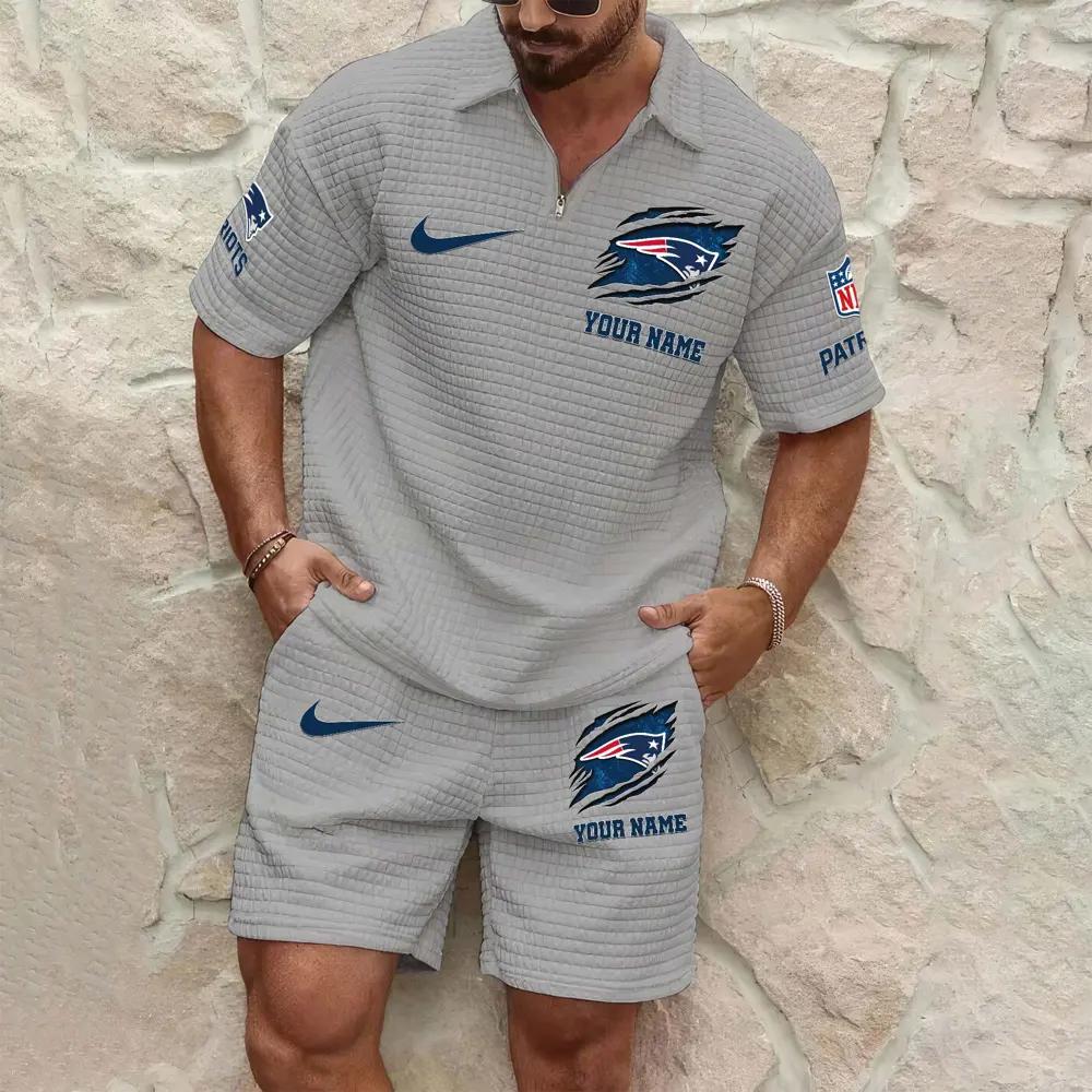 New England Patriots Men’s Waffle Pattern Half Zipper Shirt And Shorts AZBT2DWSS000133
