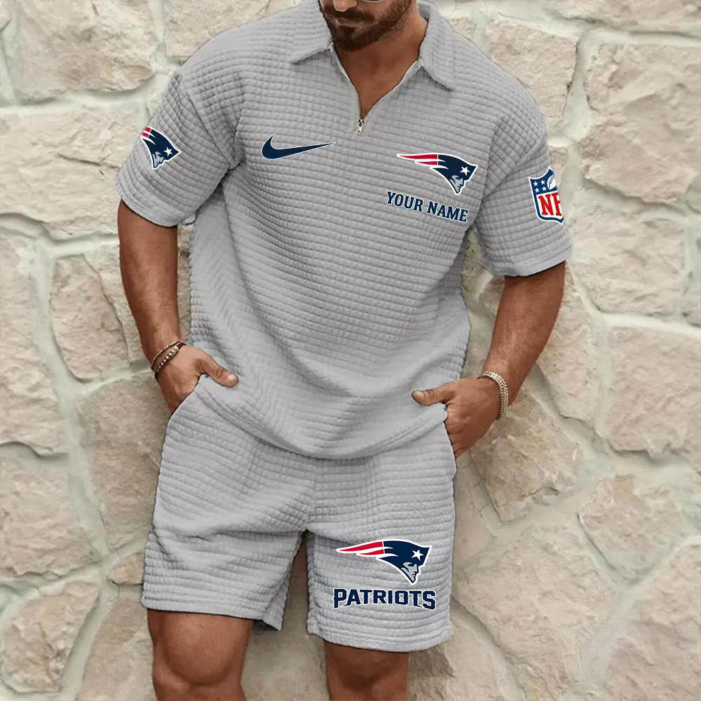New England Patriots Men’s Waffle Pattern Half Zipper Shirt And Shorts AZBT2DWSS000135