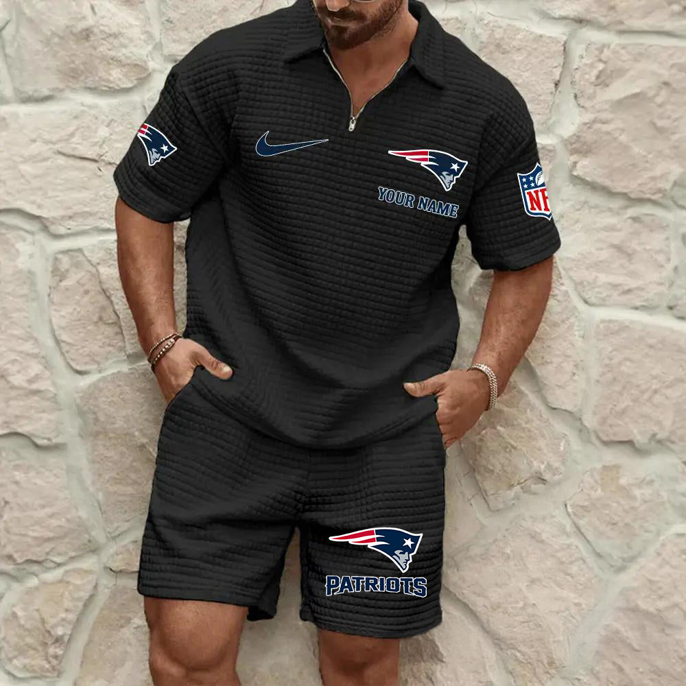 New England Patriots Men’s Waffle Pattern Half Zipper Shirt And Shorts AZBT2DWSS000135