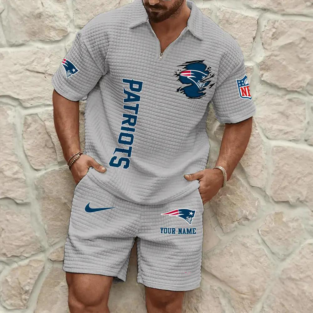 New England Patriots Men’s Waffle Pattern Half Zipper Shirt And Shorts AZBT2DWSS000136