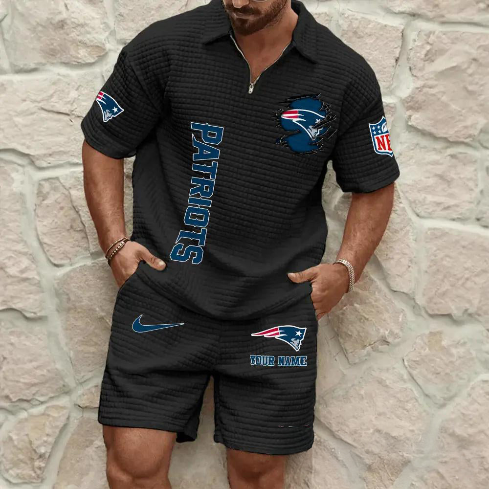 New England Patriots Men’s Waffle Pattern Half Zipper Shirt And Shorts AZBT2DWSS000136