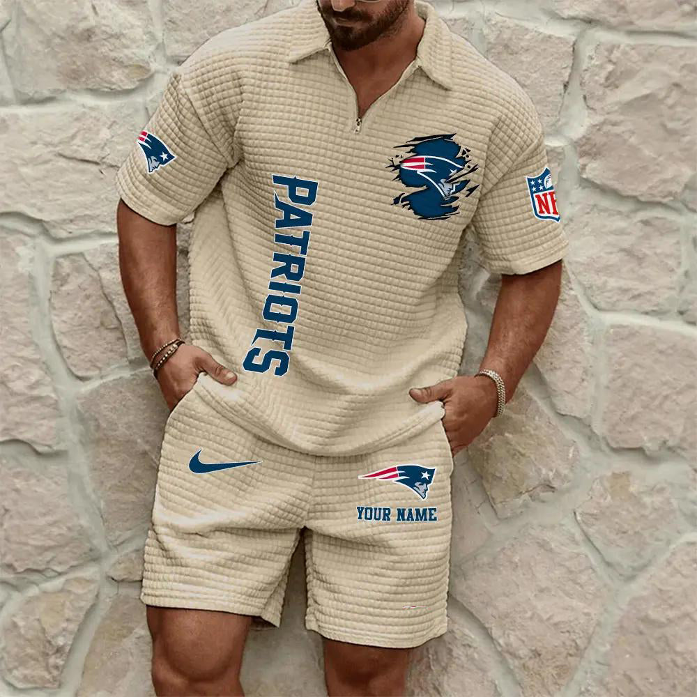 New England Patriots Men’s Waffle Pattern Half Zipper Shirt And Shorts AZBT2DWSS000136