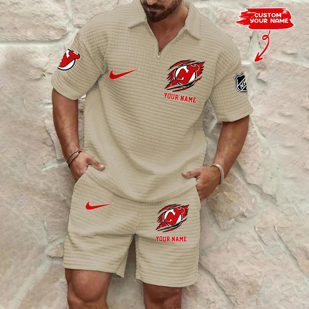 New Jersey Devils Men’s Waffle Pattern Half Zipper Shirt And Shorts AZBT2DWSS000137