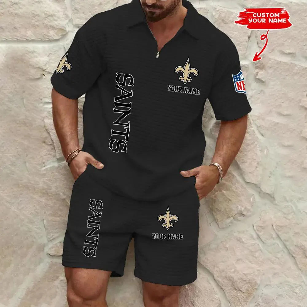 New Orleans Saints Men’s Waffle Pattern Half Zipper Shirt And Shorts AZBT2DWSS000140