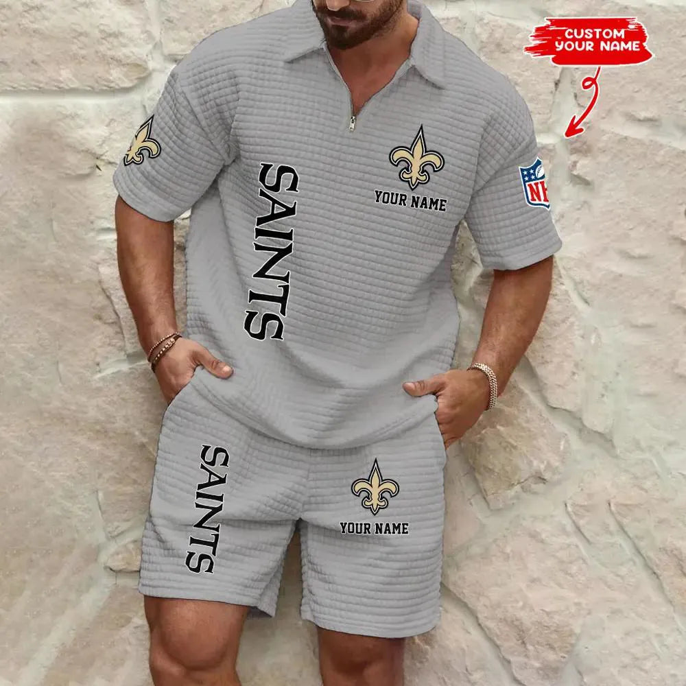New Orleans Saints Men’s Waffle Pattern Half Zipper Shirt And Shorts AZBT2DWSS000140