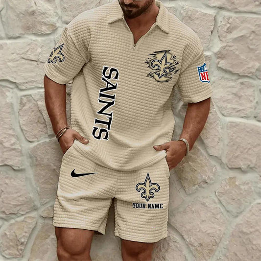 New Orleans Saints Men’s Waffle Pattern Half Zipper Shirt And Shorts AZBT2DWSS000142