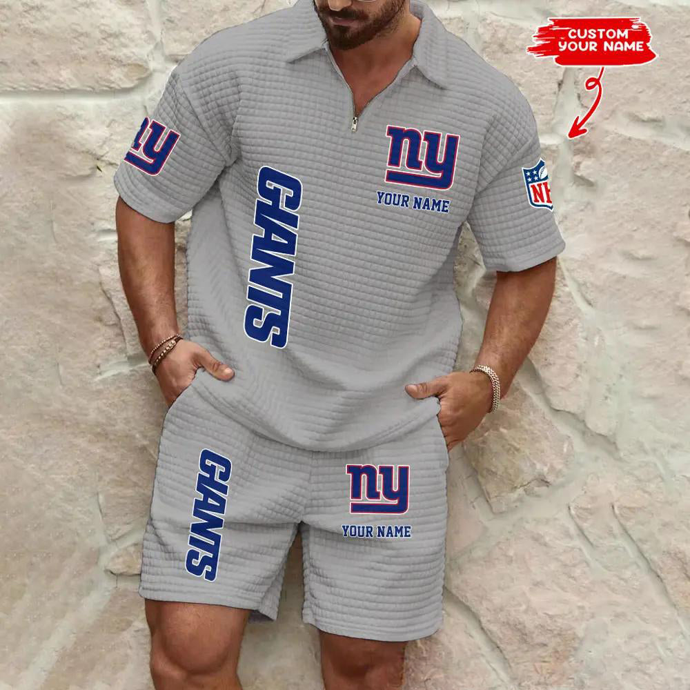New York Giants Men’s Waffle Pattern Half Zipper Shirt And Shorts AZBT2DWSS000144