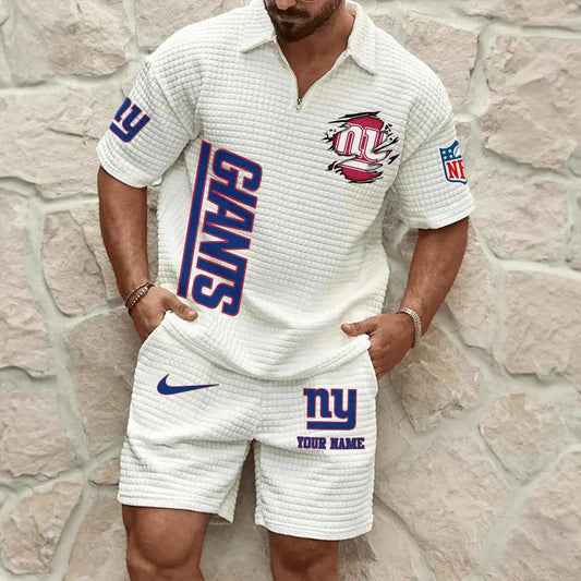 New York Giants Men’s Waffle Pattern Half Zipper Shirt And Shorts AZBT2DWSS000146