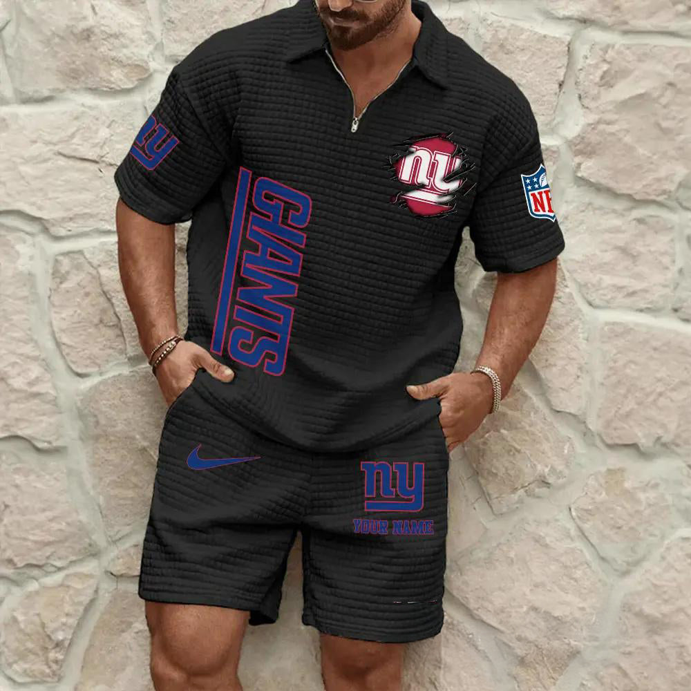 New York Giants Men’s Waffle Pattern Half Zipper Shirt And Shorts AZBT2DWSS000146