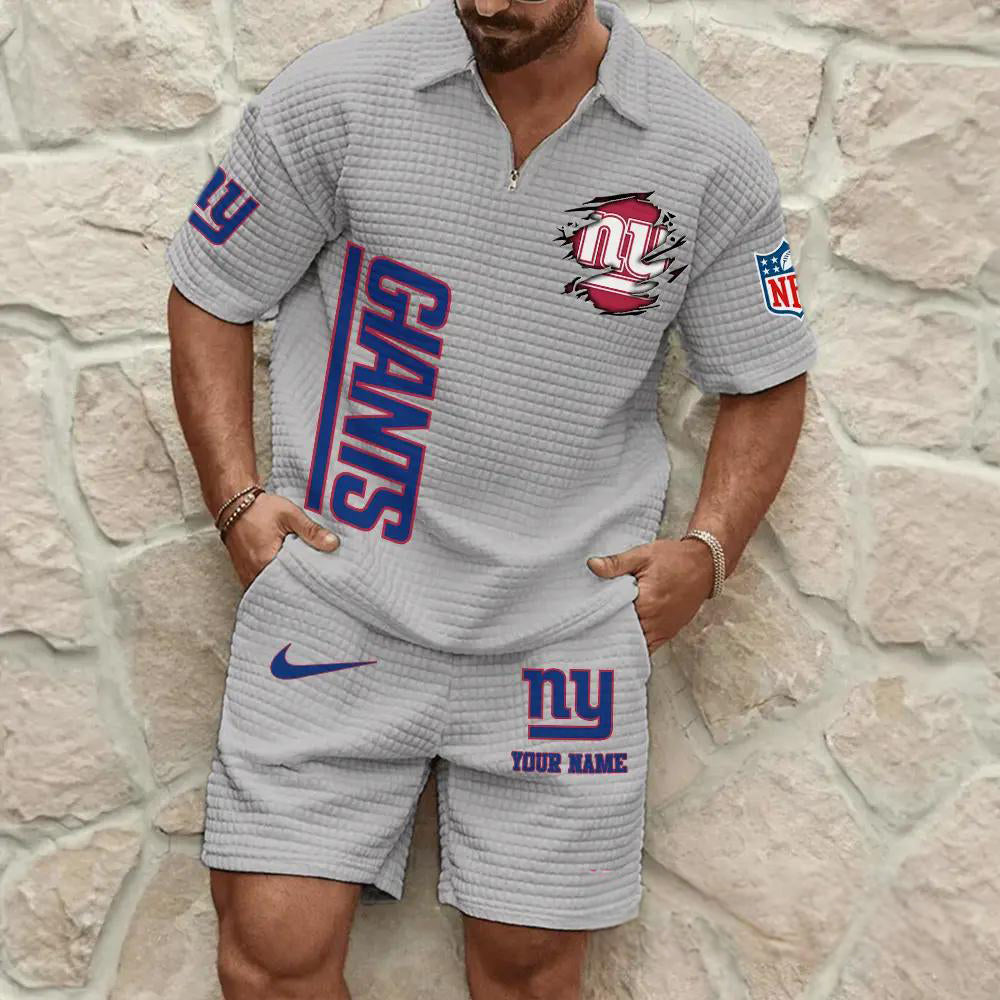 New York Giants Men’s Waffle Pattern Half Zipper Shirt And Shorts AZBT2DWSS000146