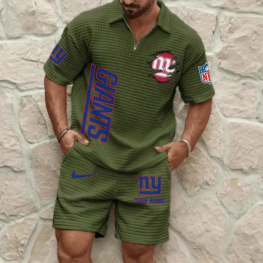 New York Giants Men’s Waffle Pattern Half Zipper Shirt And Shorts AZBT2DWSS000146