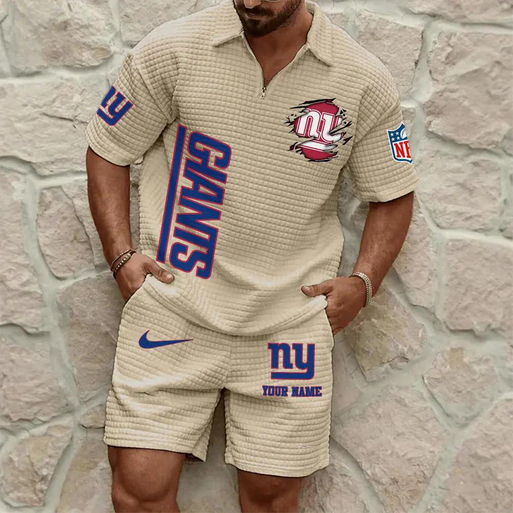 New York Giants Men’s Waffle Pattern Half Zipper Shirt And Shorts AZBT2DWSS000146