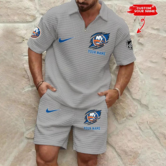 New York Islanders Men’s Waffle Pattern Half Zipper Shirt And Shorts AZBT2DWSS000147