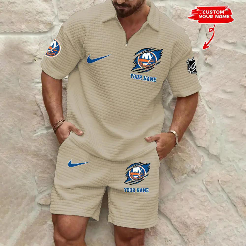 New York Islanders Men’s Waffle Pattern Half Zipper Shirt And Shorts AZBT2DWSS000147