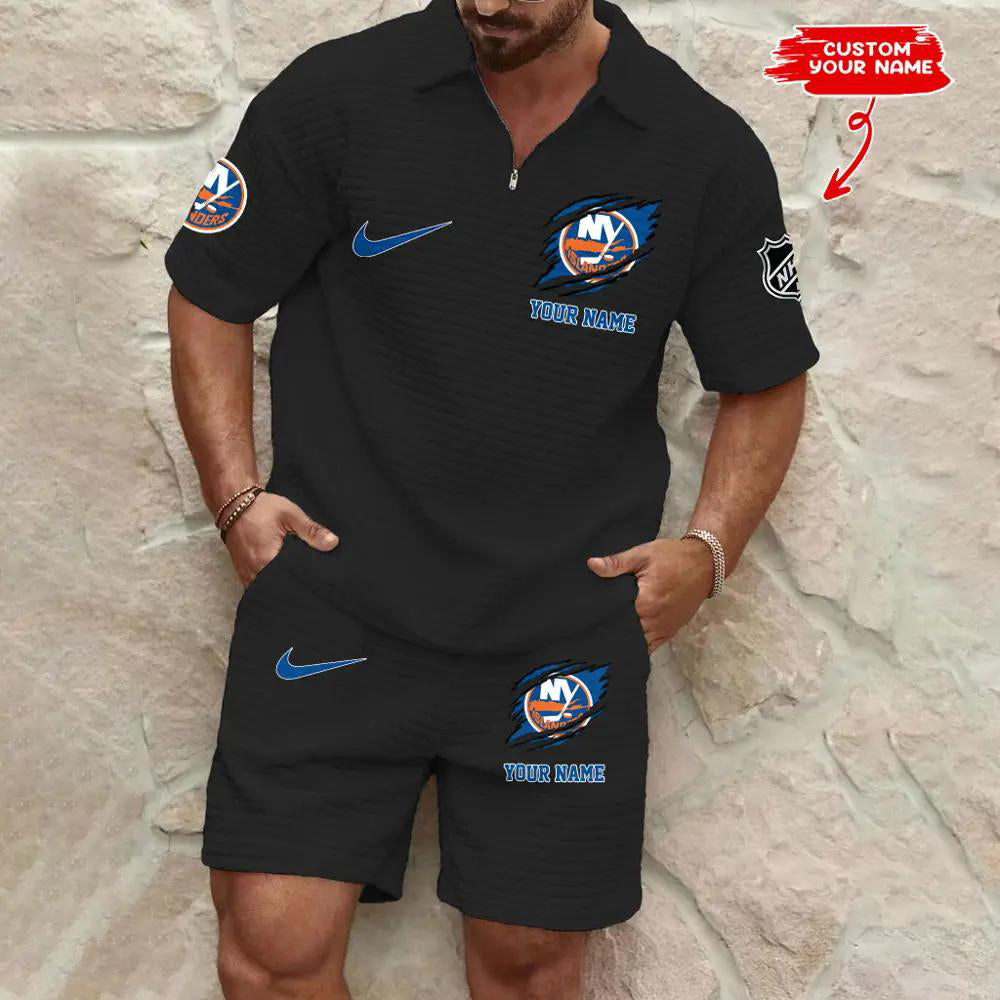 New York Islanders Men’s Waffle Pattern Half Zipper Shirt And Shorts AZBT2DWSS000147