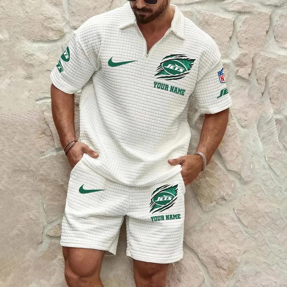 New York Jets Men’s Waffle Pattern Half Zipper Shirt And Shorts AZBT2DWSS000148