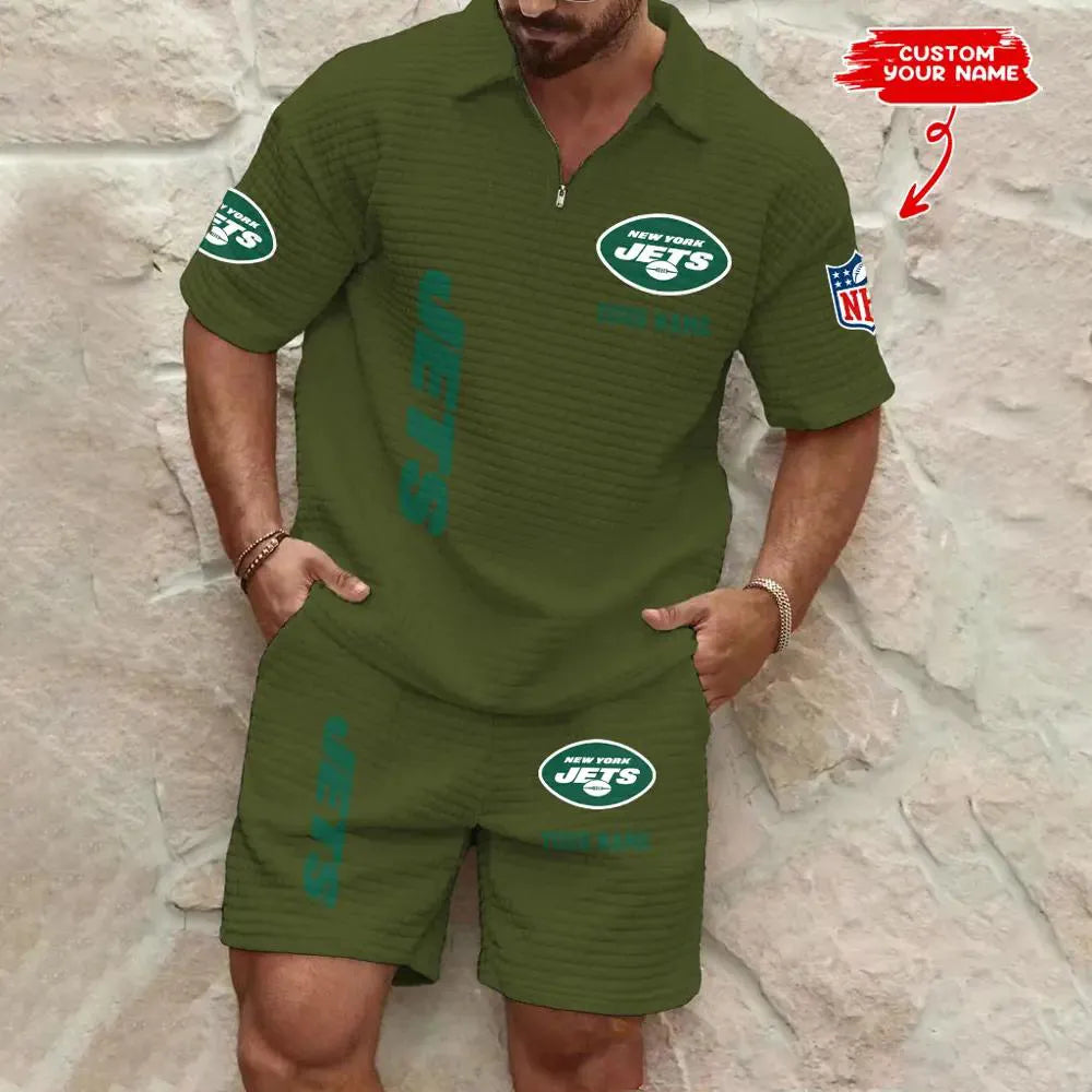 New York Jets Men’s Waffle Pattern Half Zipper Shirt And Shorts AZBT2DWSS000149