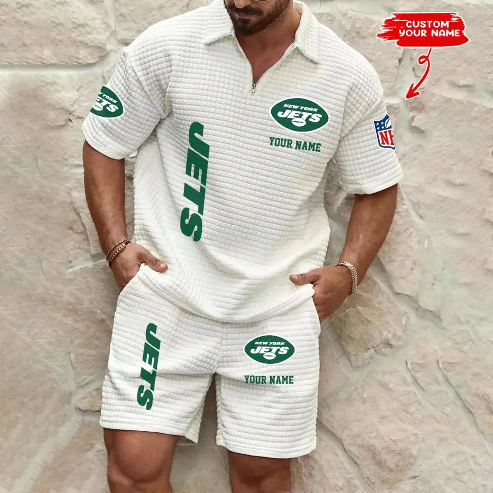 New York Jets Men’s Waffle Pattern Half Zipper Shirt And Shorts AZBT2DWSS000149