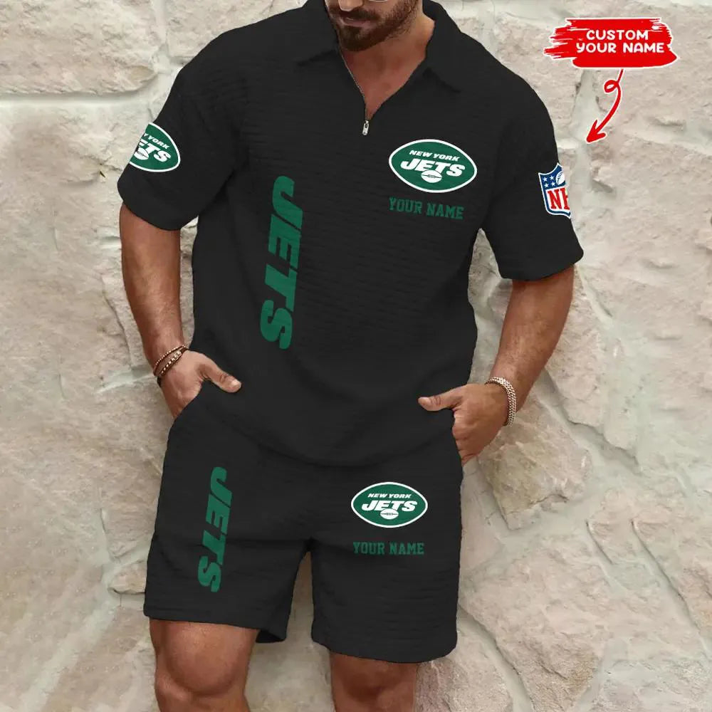 New York Jets Men’s Waffle Pattern Half Zipper Shirt And Shorts AZBT2DWSS000149