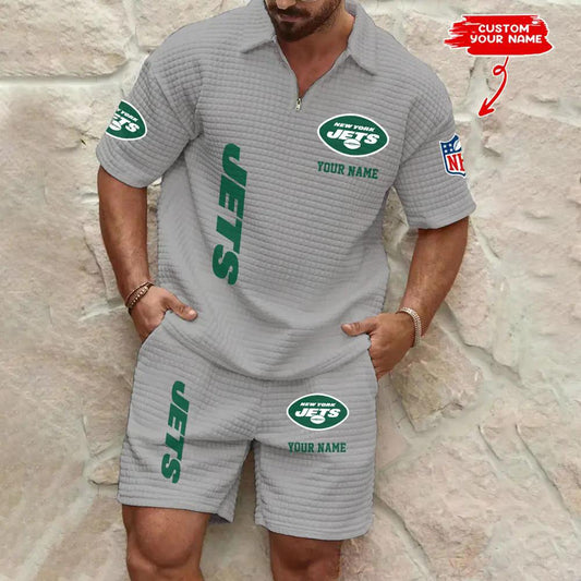 New York Jets Men’s Waffle Pattern Half Zipper Shirt And Shorts AZBT2DWSS000149