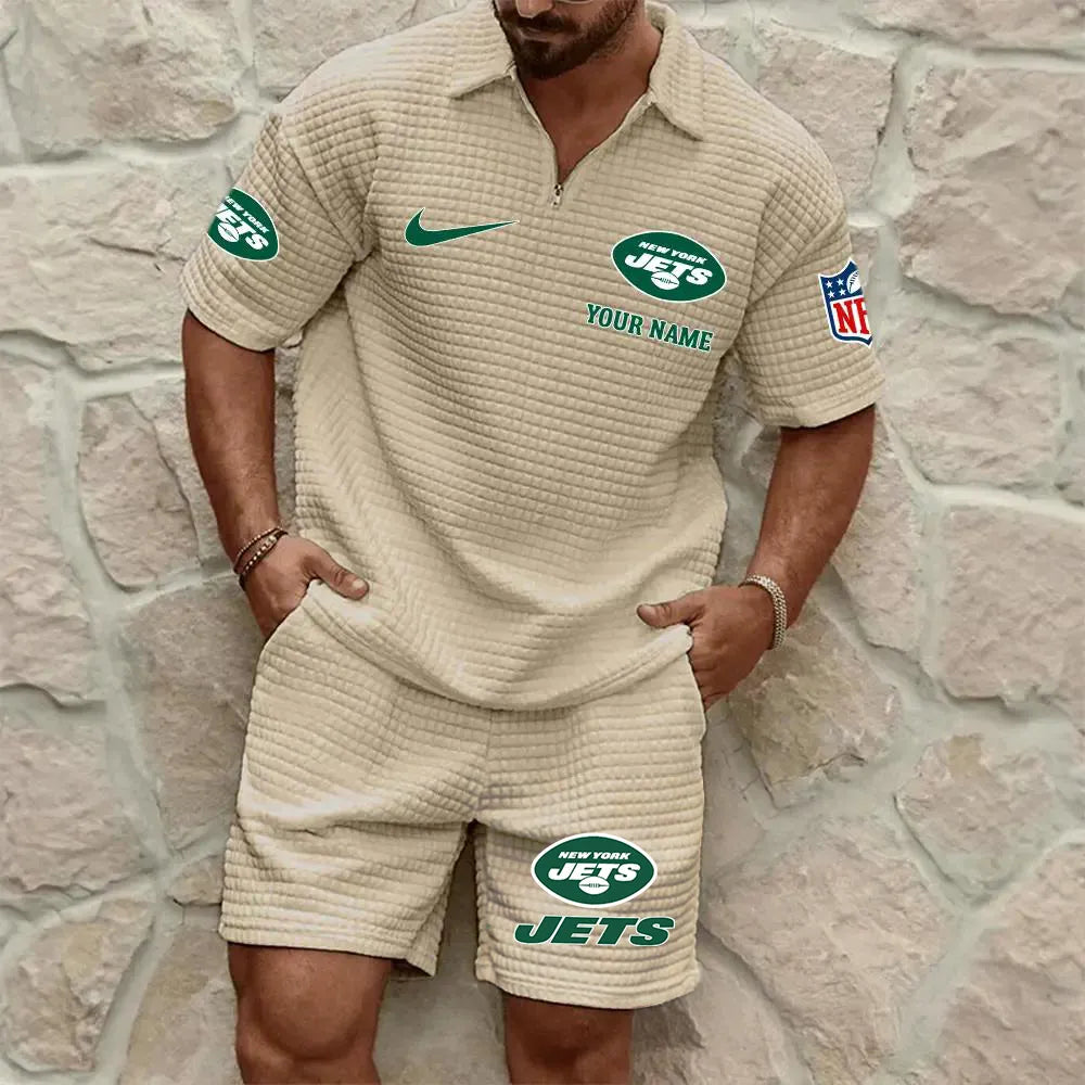 New York Jets Men’s Waffle Pattern Half Zipper Shirt And Shorts AZBT2DWSS000150
