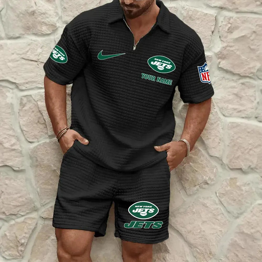 New York Jets Men’s Waffle Pattern Half Zipper Shirt And Shorts AZBT2DWSS000150