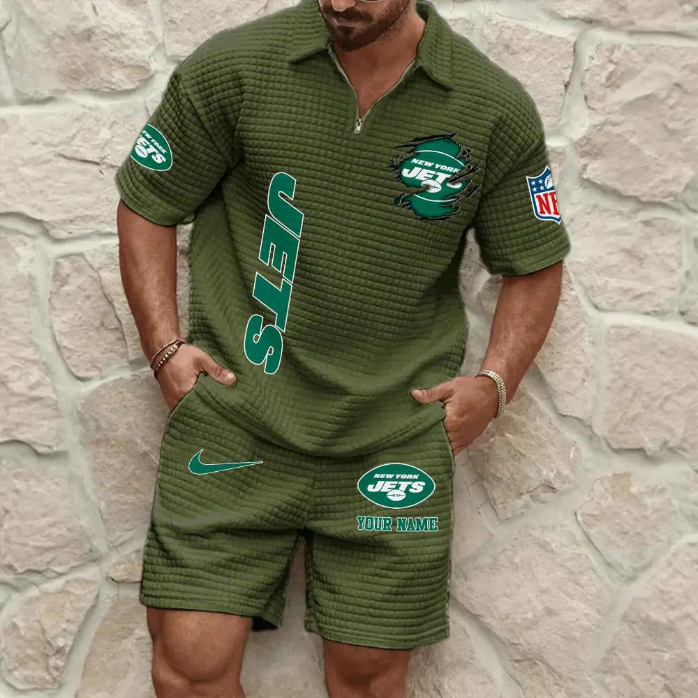 New York Jets Men’s Waffle Pattern Half Zipper Shirt And Shorts AZBT2DWSS000151