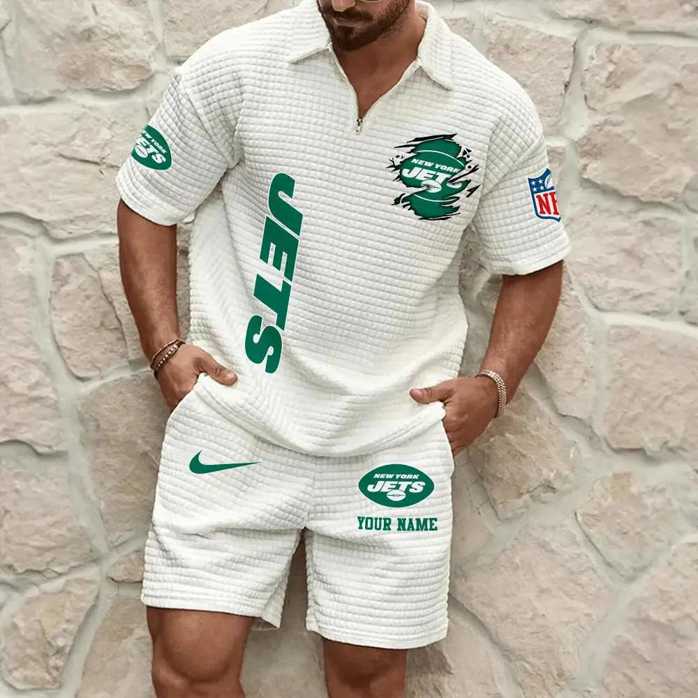 New York Jets Men’s Waffle Pattern Half Zipper Shirt And Shorts AZBT2DWSS000151