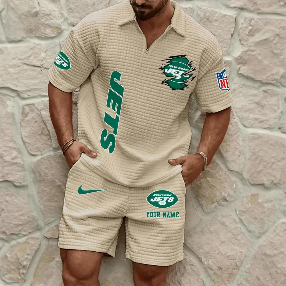 New York Jets Men’s Waffle Pattern Half Zipper Shirt And Shorts AZBT2DWSS000151