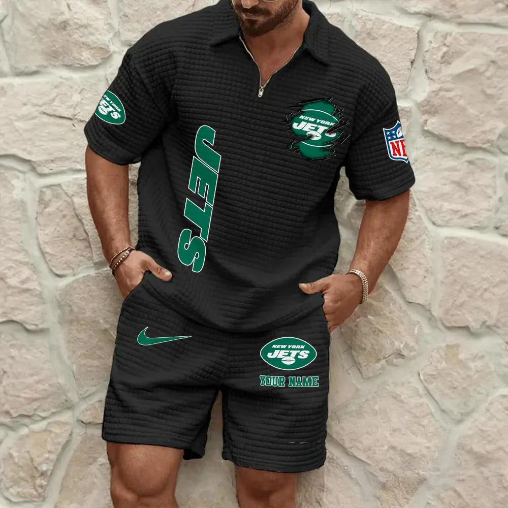 New York Jets Men’s Waffle Pattern Half Zipper Shirt And Shorts AZBT2DWSS000151
