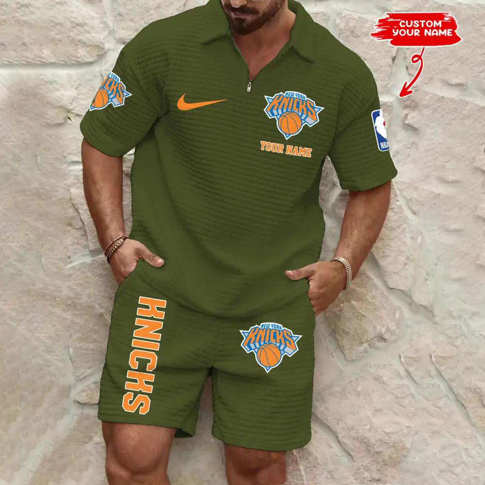 New York Knicks Men’s Waffle Pattern Half Zipper Shirt And Shorts AZBT2DWSS000152