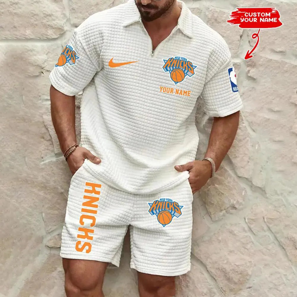 New York Knicks Men’s Waffle Pattern Half Zipper Shirt And Shorts AZBT2DWSS000152