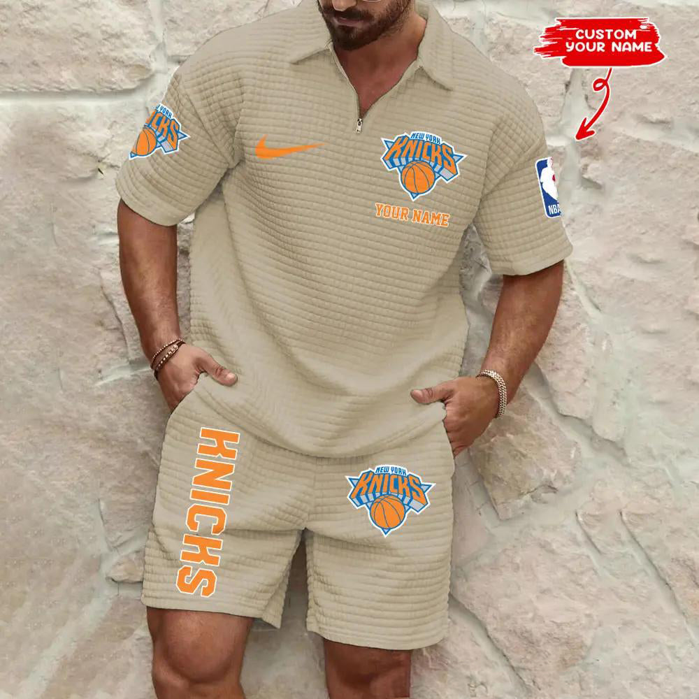 New York Knicks Men’s Waffle Pattern Half Zipper Shirt And Shorts AZBT2DWSS000152