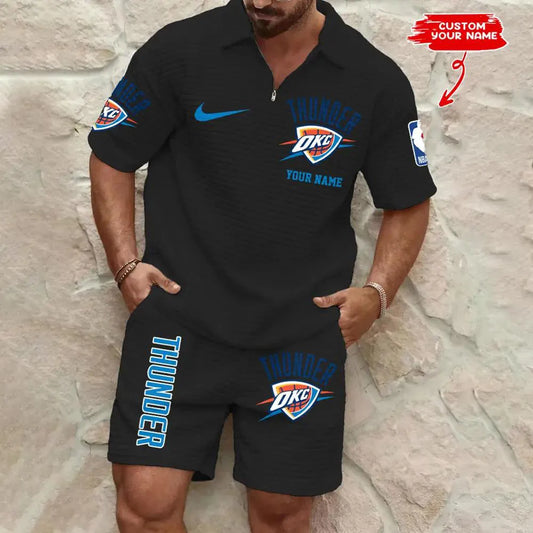 Oklahoma City Thunder Men’s Waffle Pattern Half Zipper Shirt And Shorts AZBT2DWSS000154