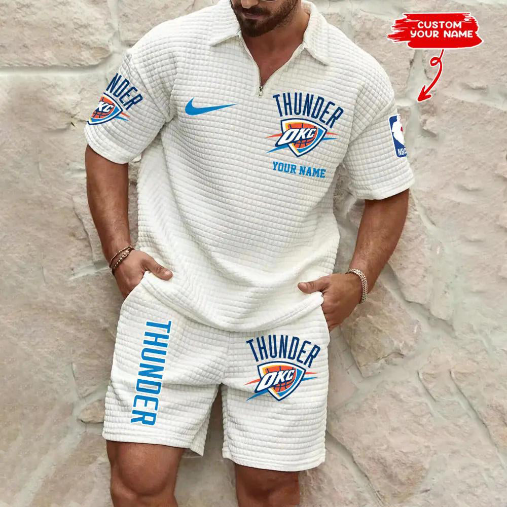 Oklahoma City Thunder Men’s Waffle Pattern Half Zipper Shirt And Shorts AZBT2DWSS000154