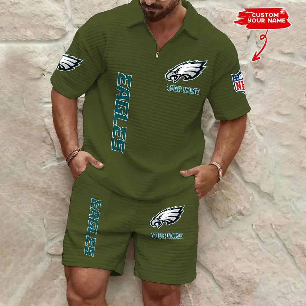 Philadelphia Eagles Men’s Waffle Pattern Half Zipper Shirt And Shorts AZBT2DWSS000159