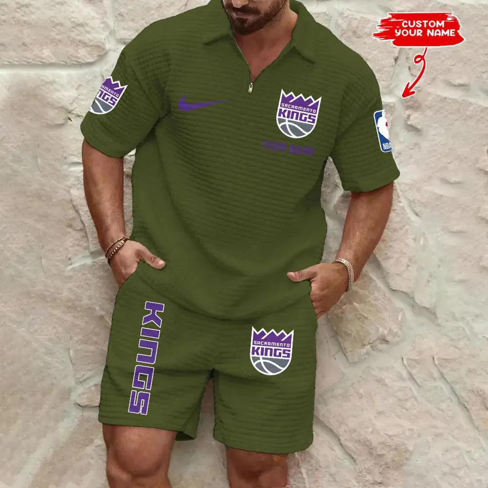 Sacramento Kings Men’s Waffle Pattern Half Zipper Shirt And Shorts AZBT2DWSS000170
