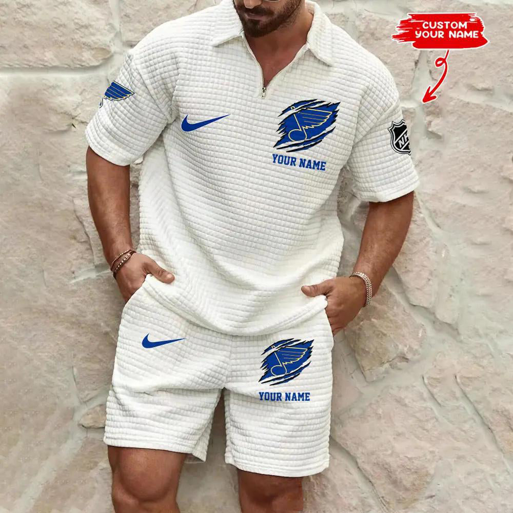 St. Louis Blues Men’s Waffle Pattern Half Zipper Shirt And Shorts AZBT2DWSS000182