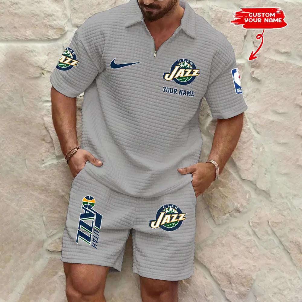 Utah Jazz Men’s Waffle Pattern Half Zipper Shirt And Shorts AZBT2DWSS000195