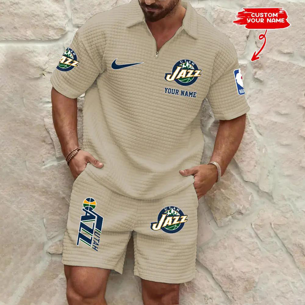 Utah Jazz Men’s Waffle Pattern Half Zipper Shirt And Shorts AZBT2DWSS000195