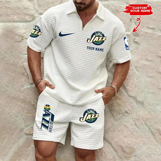 Utah Jazz Men’s Waffle Pattern Half Zipper Shirt And Shorts AZBT2DWSS000195